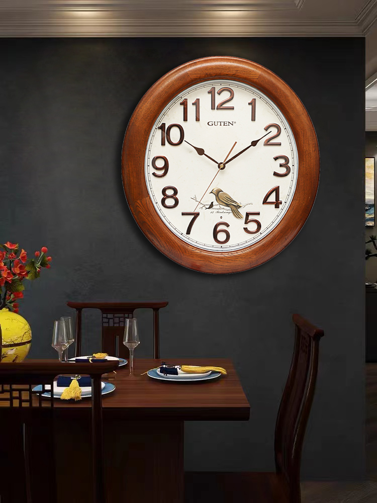 新中式掛鐘大氣實木靜音石英鐘客廳創意掛牆裝飾報時鐘