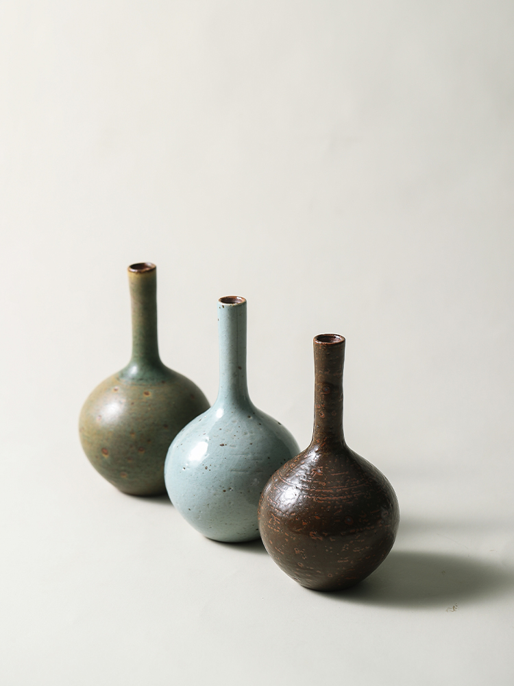 復古懷舊陶瓷花瓶 日式禪意插花擺件 手工粗陶小口花器裝飾