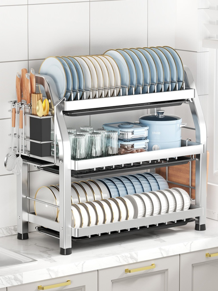 3層不鏽鋼碗碟瀝水置物架中式廚房餐具刀架收納置物用品