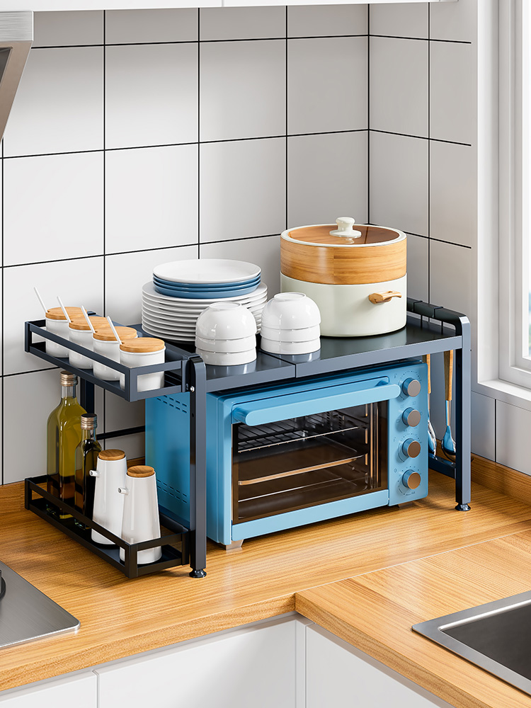 伸縮廚房置物架雙層微波爐烤箱架多功能鍋架臺面收納架刀架菜板架 (2.5折)