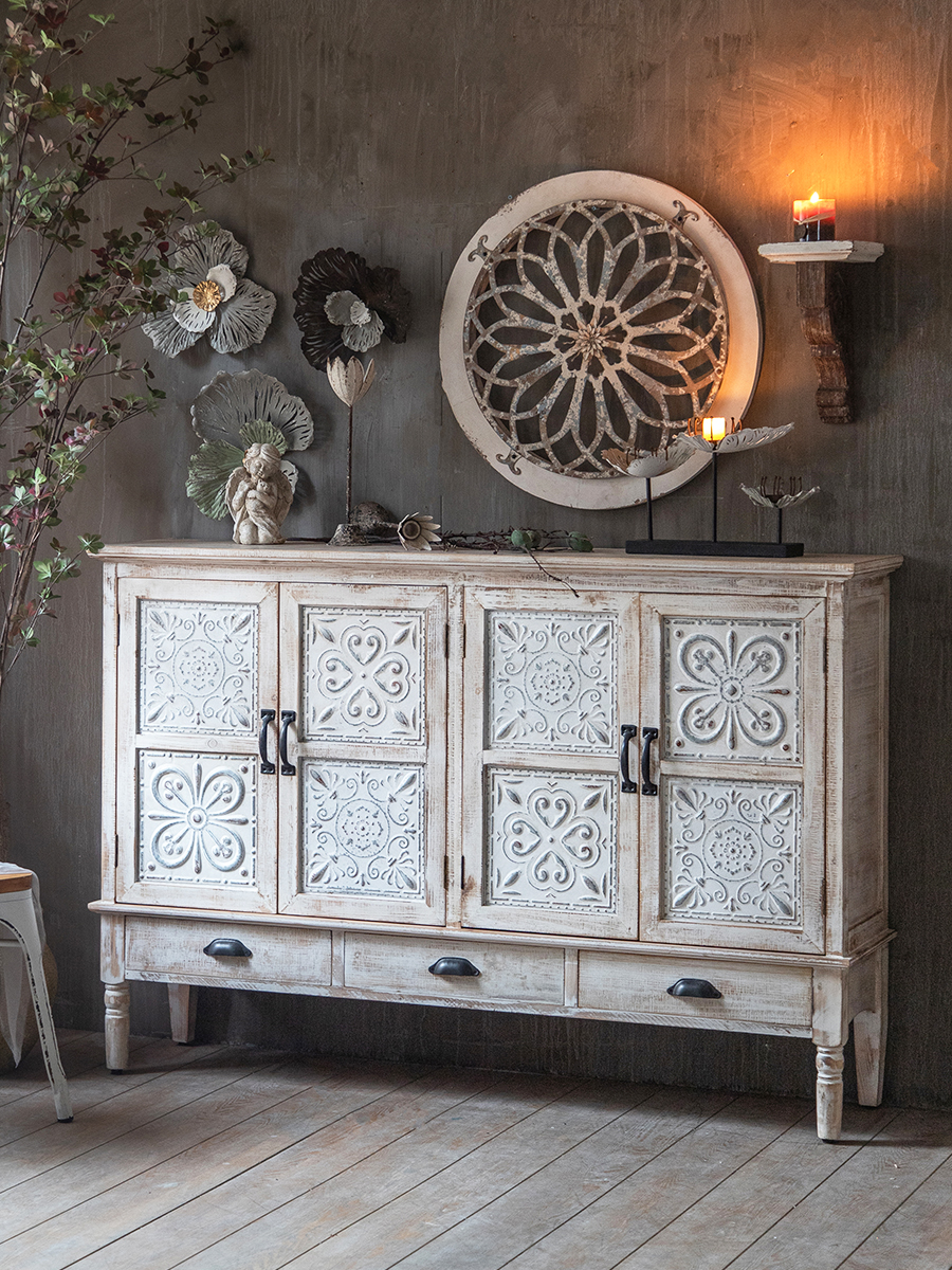 美式復古餐邊櫃實木材質雕花設計3個抽屜風格百搭
