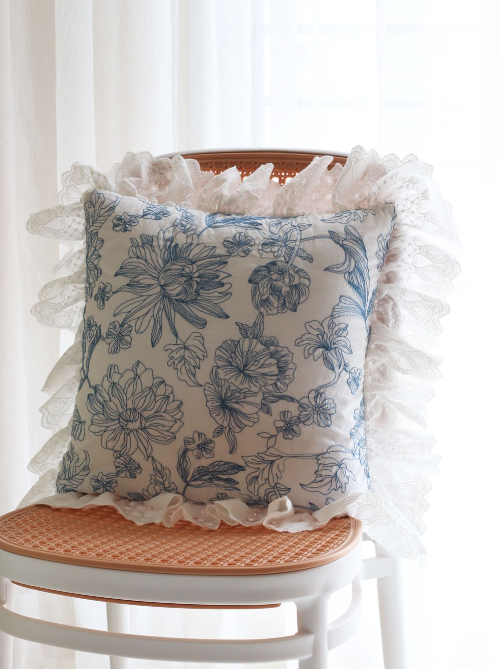 法式刺繡棉布藝抱枕 荷葉邊蕾絲花邊靠墊 不含芯