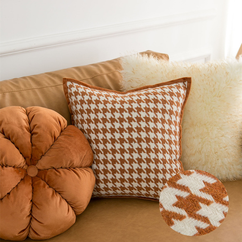 高檔仿羊毛抱枕套橙色千鳥格紋現代簡約風格適合沙發和床頭靠墊