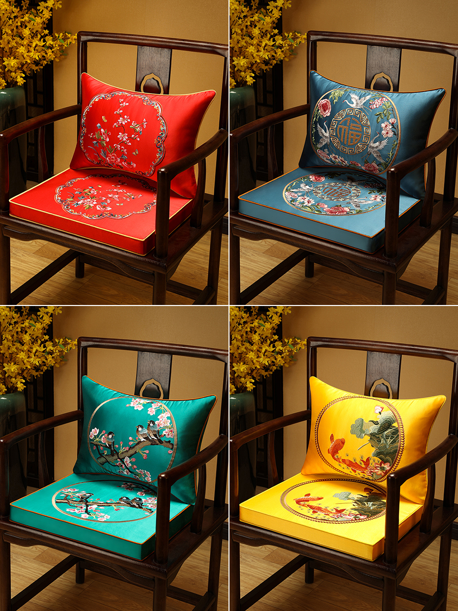 新中式風格綢緞椅墊加厚乳膠透氣防滑辦公室椅子坐墊