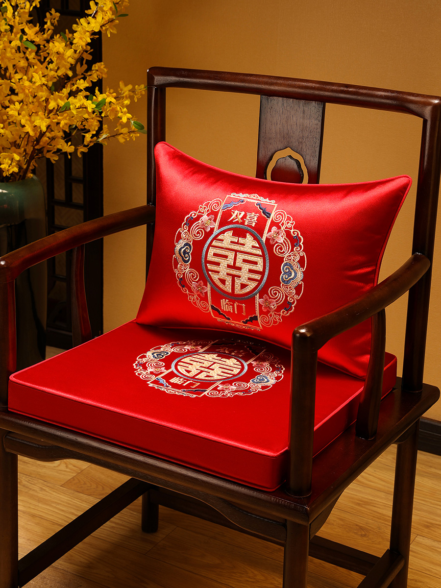 中式新婚喜慶乳膠椅墊5cm厚 坐墊餐廳椅墊紅色喜字椅墊