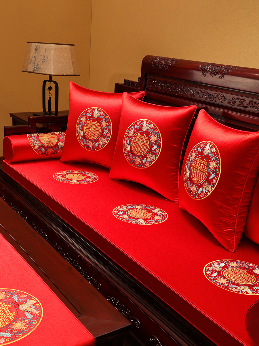 新中式喜慶紅紅木沙發墊坐墊高檔輕奢套罩結婚墊子冬季裝飾