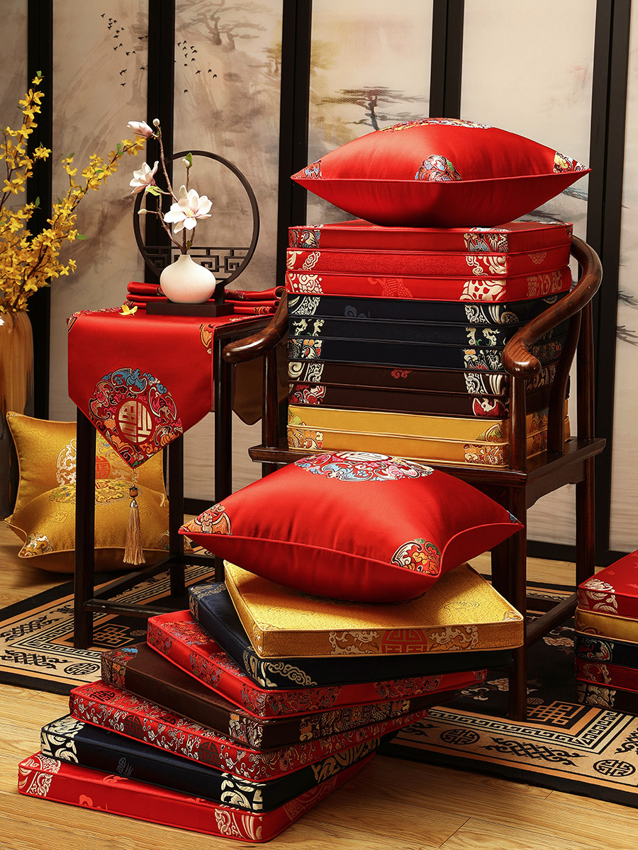 新中式布藝椅墊 紅木沙發坐墊 紅色棕墊 椰棕海綿坐墊茶椅墊