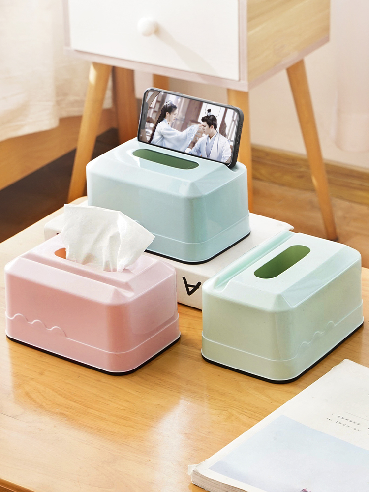 簡約風格塑料紙巾盒多功能收納盒臥室客廳茶几皆適用手機支架設計方便使用