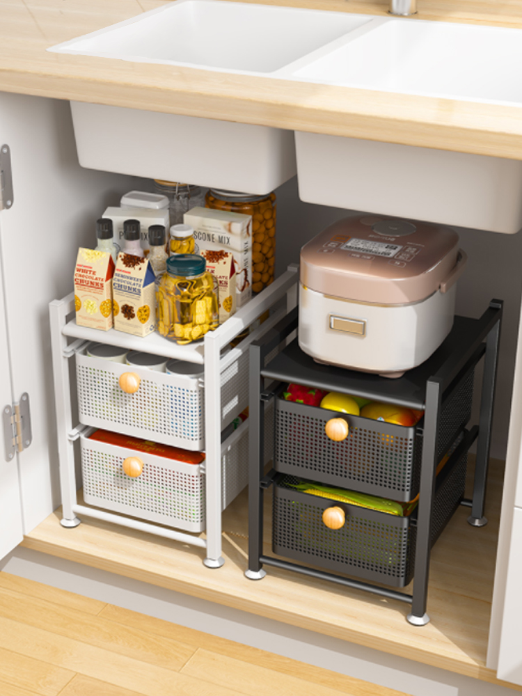 北歐風格廚房內置物架抽拉式多功能儲物櫃分層籃角架