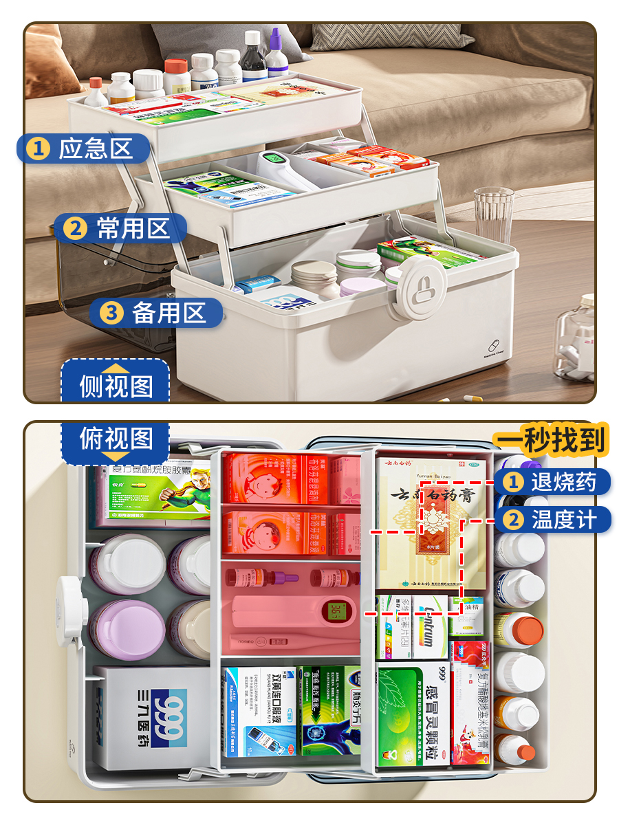 日本家用大容量葯箱收納櫃分層童鎖常用葯家庭嬰兒常備葯品收納盒