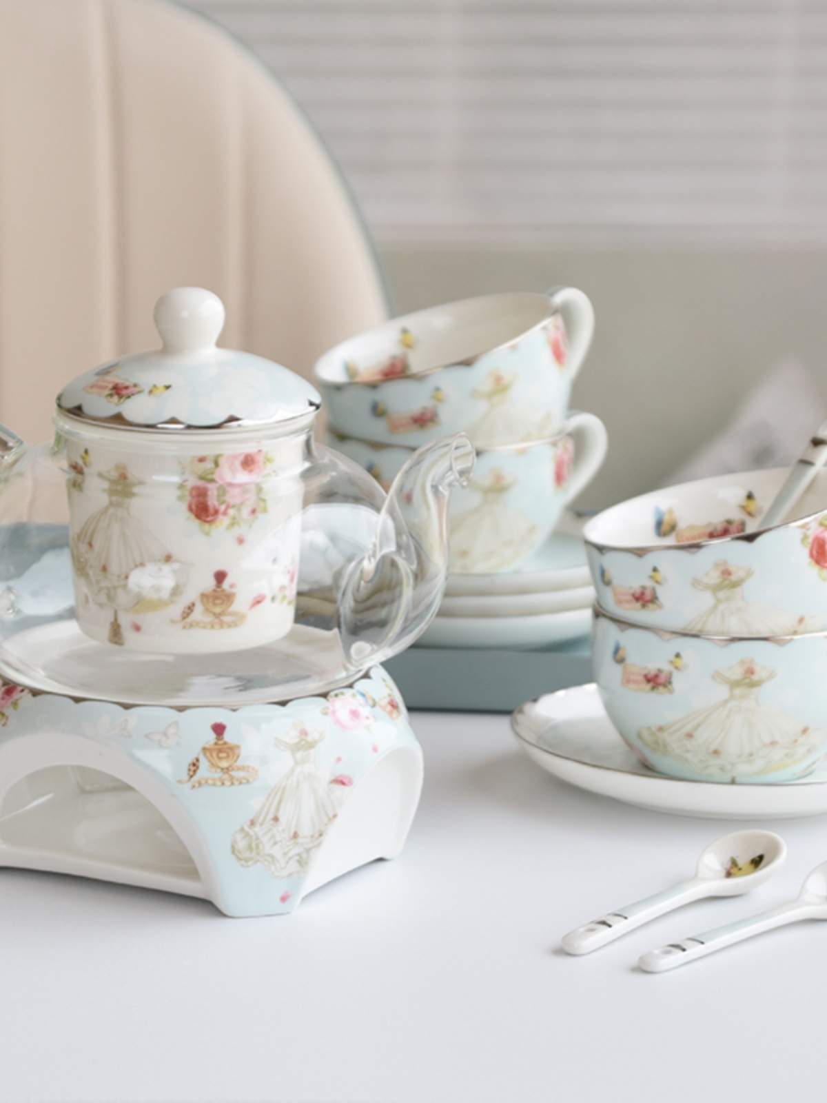 法式精緻陶瓷 英式下午茶 花茶壺 蠟燭加熱 玻璃茶杯 水果茶具套裝 送禮