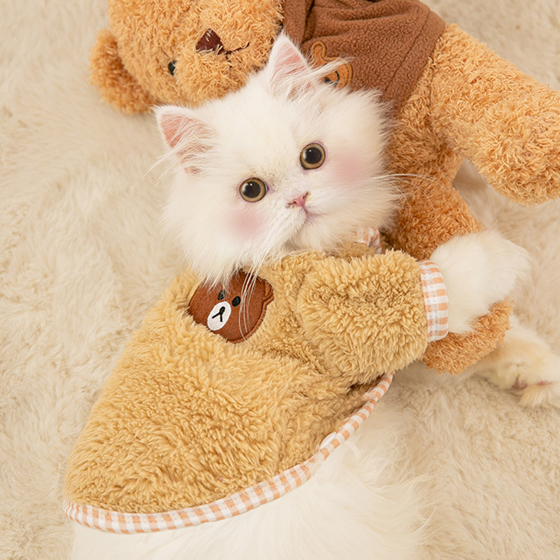 貓咪冬季保暖防掉毛寵物雨衣 可愛格子小熊防水外套