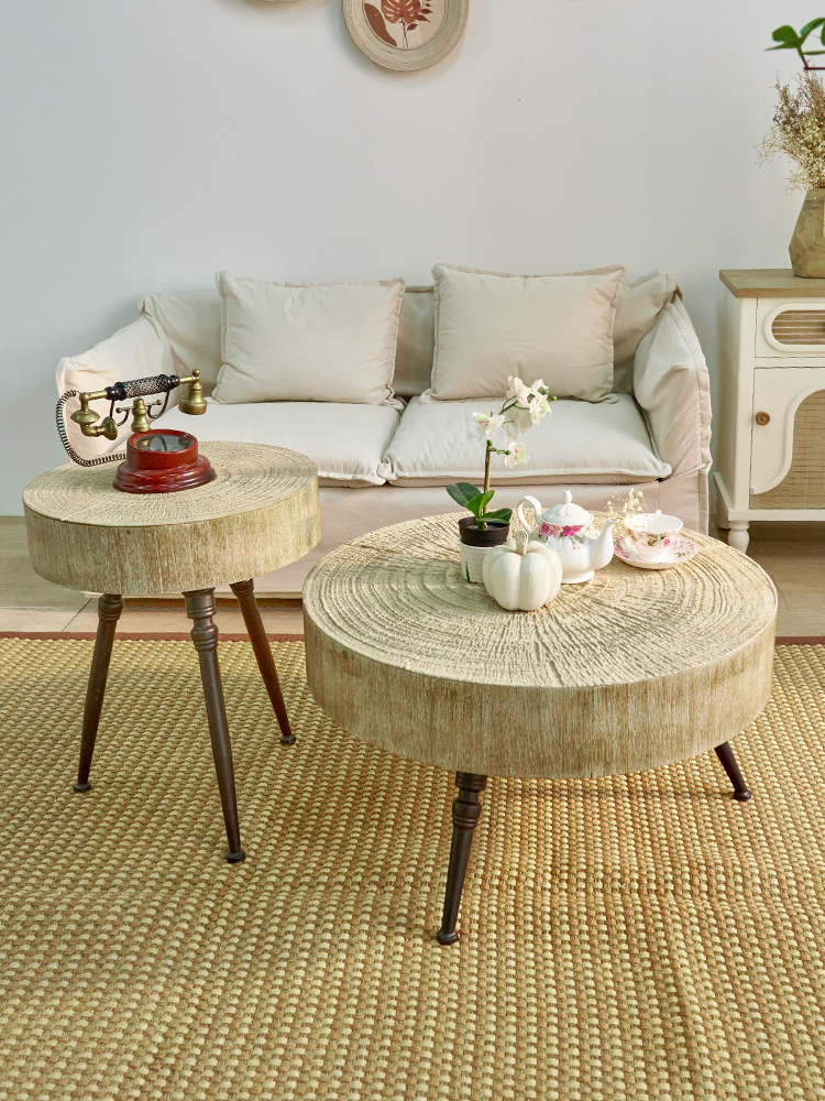 簡約圓形橡木茶几組合 小戶型客廳休閒茶桌 家用陽臺飄窗創意小矮桌