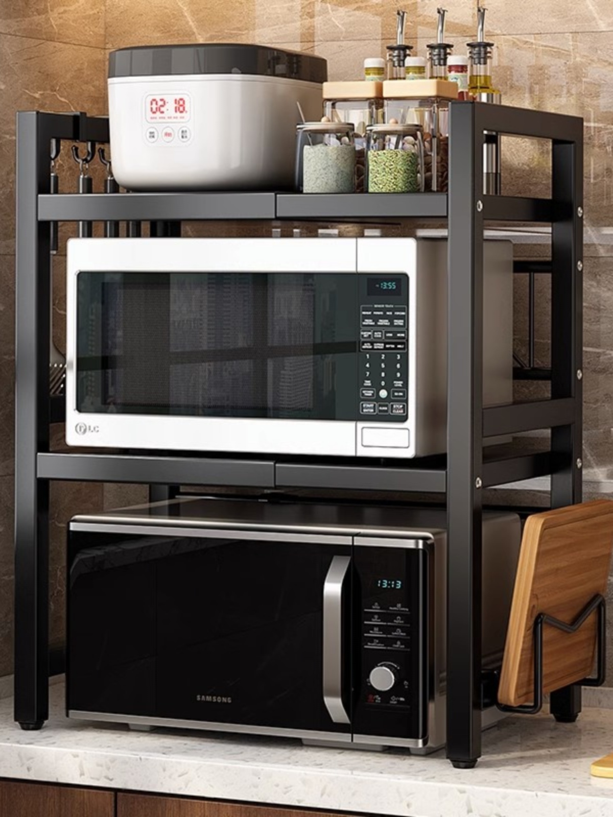 節省空間微波爐置物架廚房雙層伸縮收納架整齊收納鍋具筷子刀具