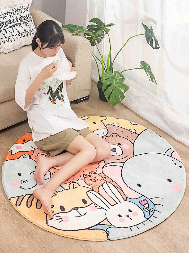 圓形動物地墊臥室兒童房間地毯可愛吸水防滑仿羊絨材質歐式風格