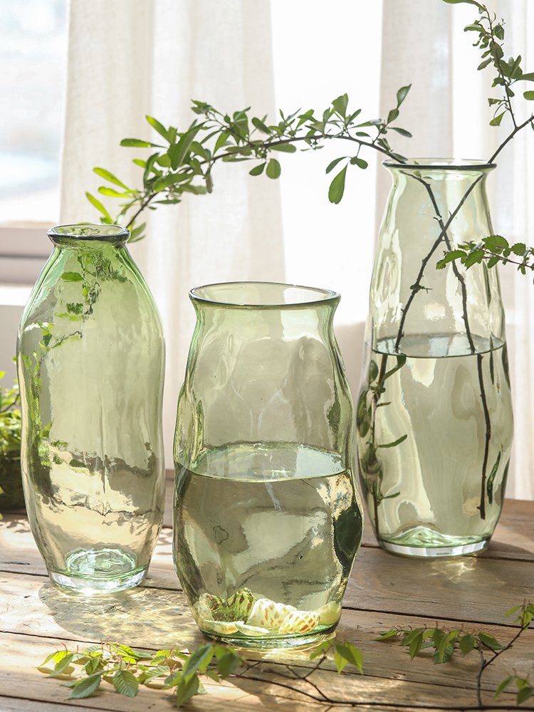 綠色錘紋琉璃玻璃花瓶 復古文藝簡約風插花器