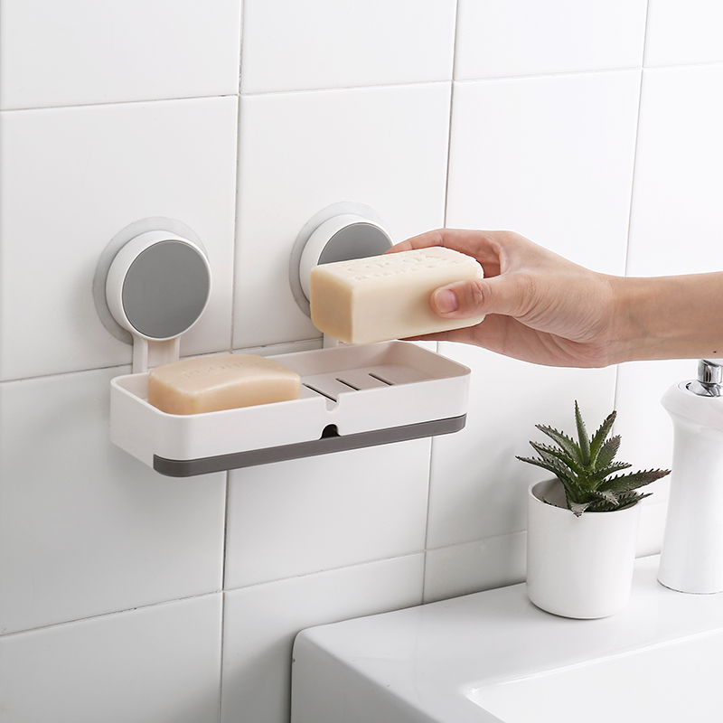 日式小清新塑料置物架 免打孔壁掛式帶接水盤創意肥皂盒