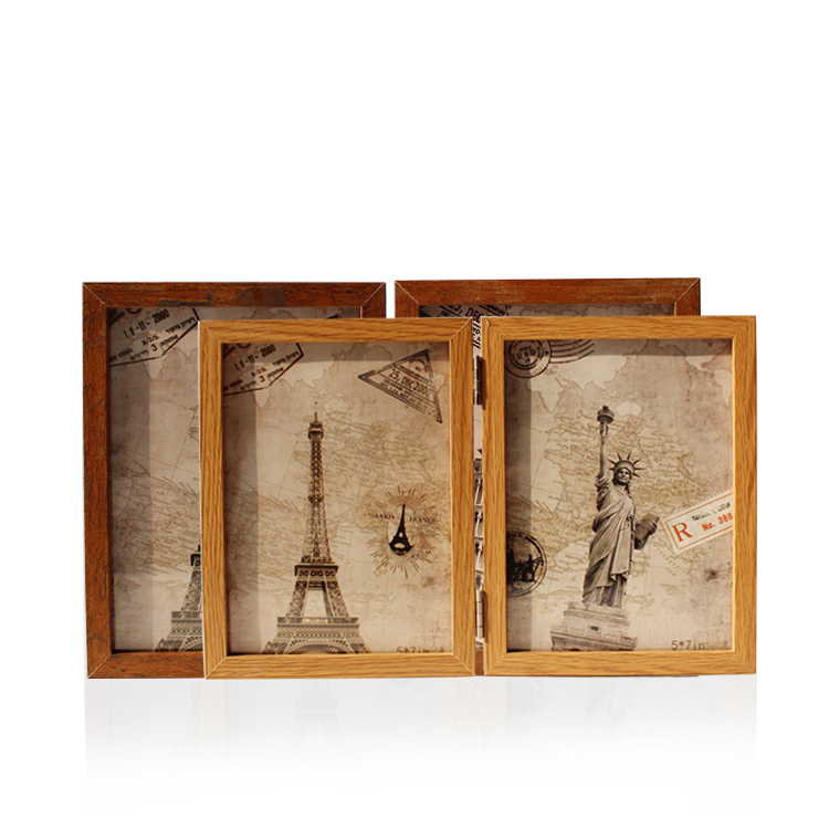 美式風格木質相框摺疊連體復古設計雙面玻璃面像是框可擺臺裝飾