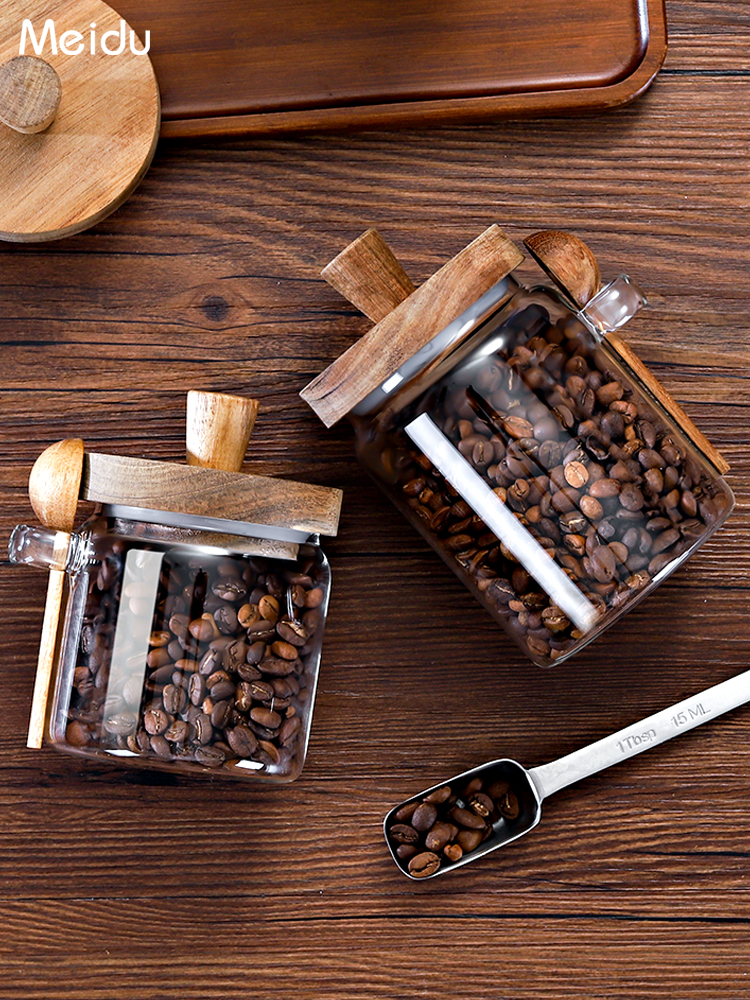 玻璃密封罐帶勺小瓶子豆子收納盒咖啡粉儲存罐茶葉罐現代簡約風格
