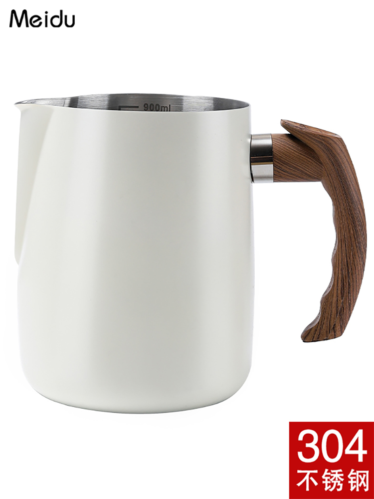 北歐風不鏽鋼木把咖啡拉花杯600ml家用大肚奶泡壺專業打奶泡杯奶缸神器具