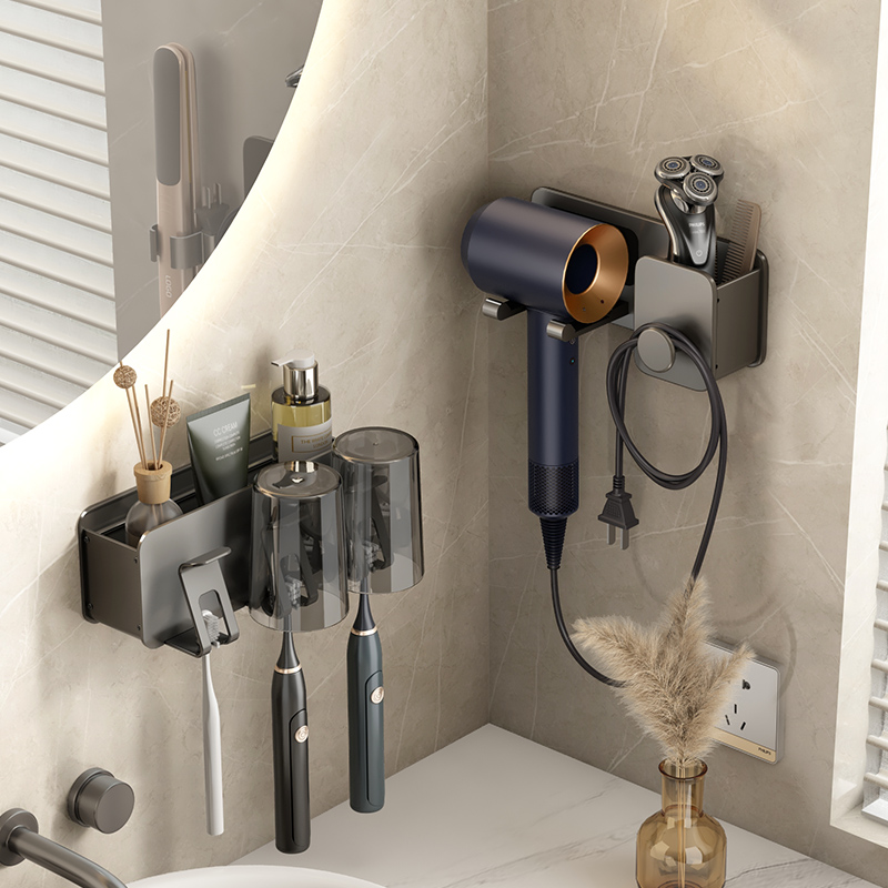 免打孔 吹風機架 牙刷架 置物架 浴室 收納架 一體式 衛生間 金屬