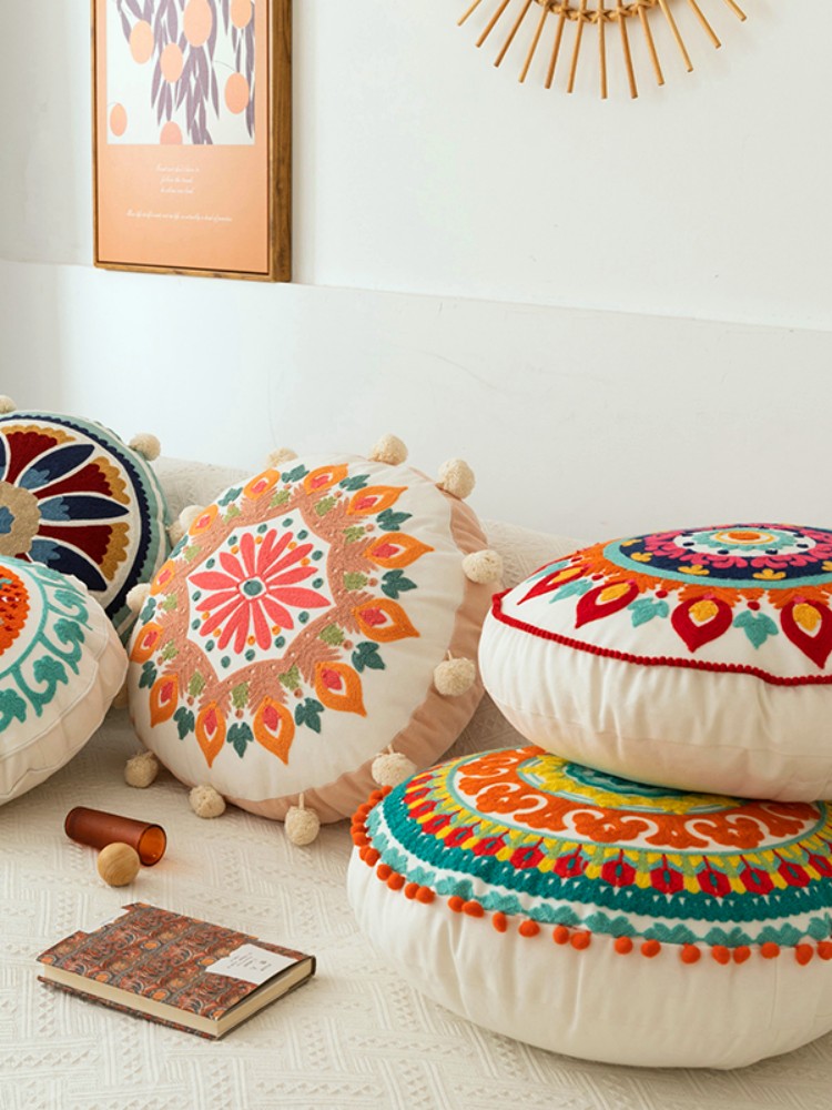 波西米亞風圓形刺繡抱枕 辦公室靠墊 客廳沙發裝飾
