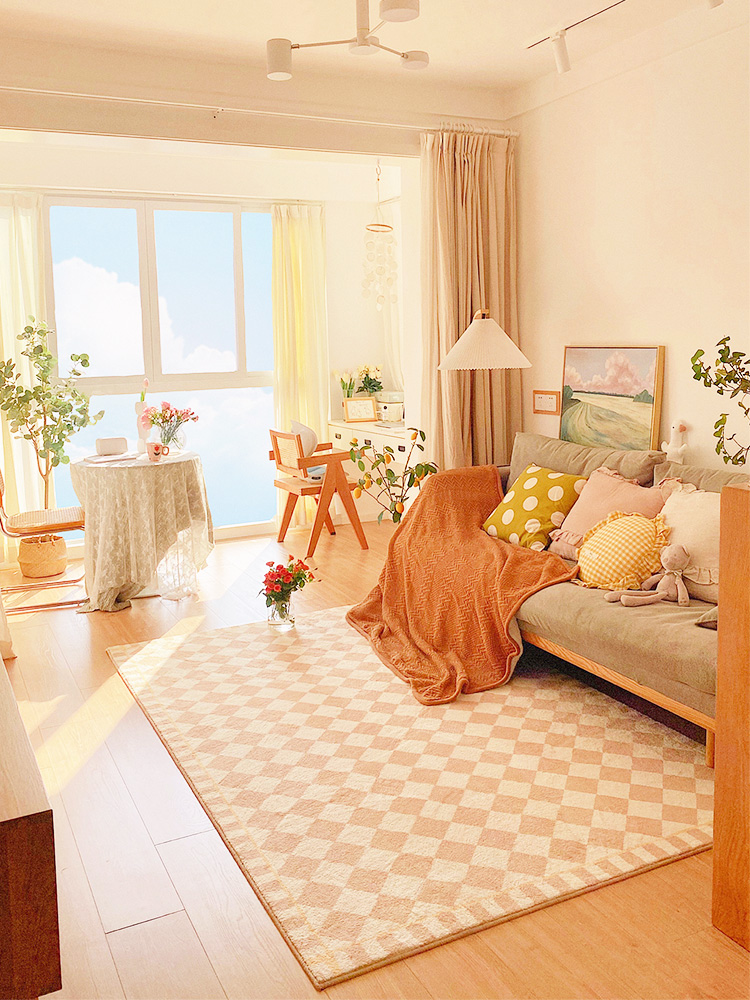 格調清新客廳臥室地毯暖色格子提升空間質感
