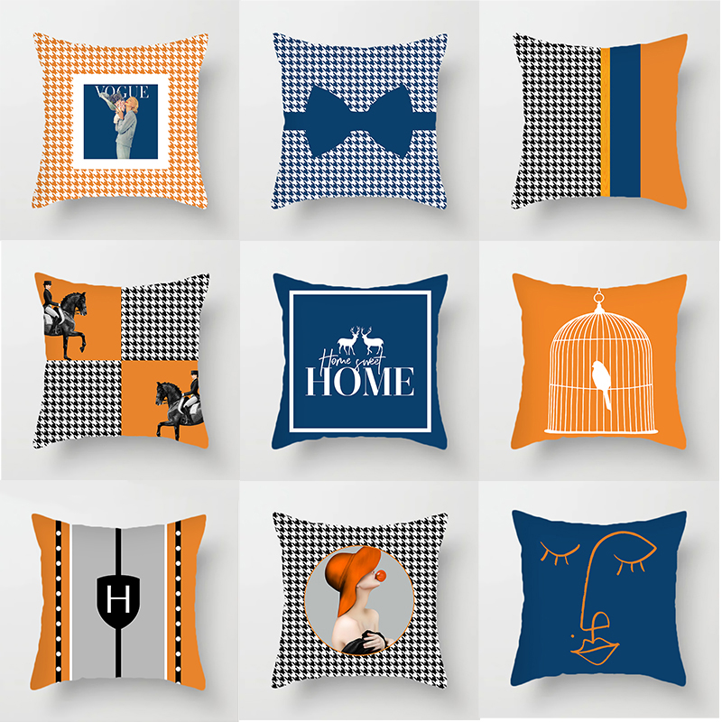 北歐幾何圖形抱枕 橘藍色 毛絨材質 適合臥室午睡 (4.7折)