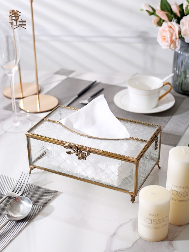 北歐風水晶玻璃抽紙盒鑲嵌黃銅打造奢華氣質適合客廳或辦公室 (8.3折)