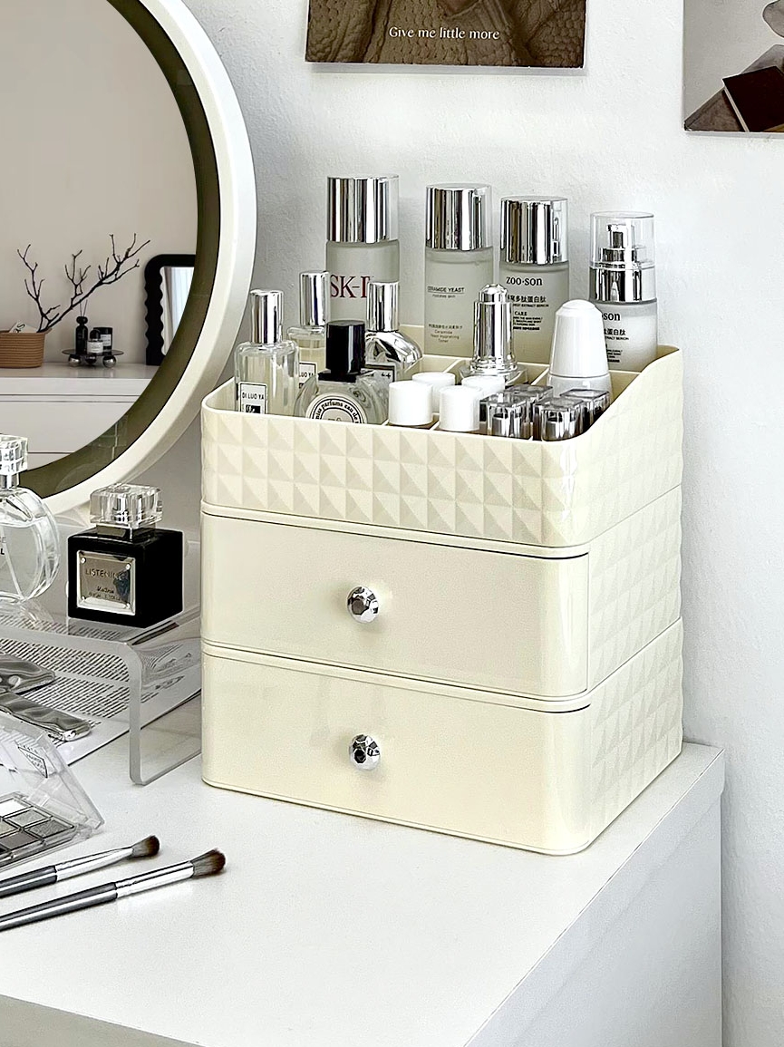 奶油風化妝品收納盒防塵置物架 簡約可疊加桌面收納盒