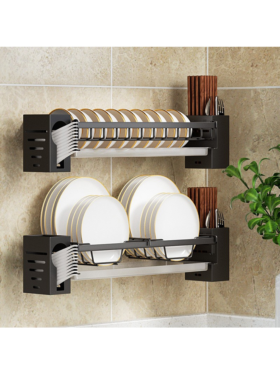 廚房瀝水置物架免打孔壁掛碗盤架 碳鋼材質標準款黑色 (8.3折)