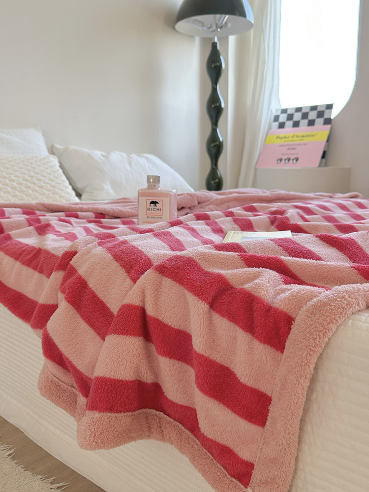 珊瑚絨毯冬季保暖泰迪絨午睡毯加厚蓋毯 玫紅條紋ins簡約現代