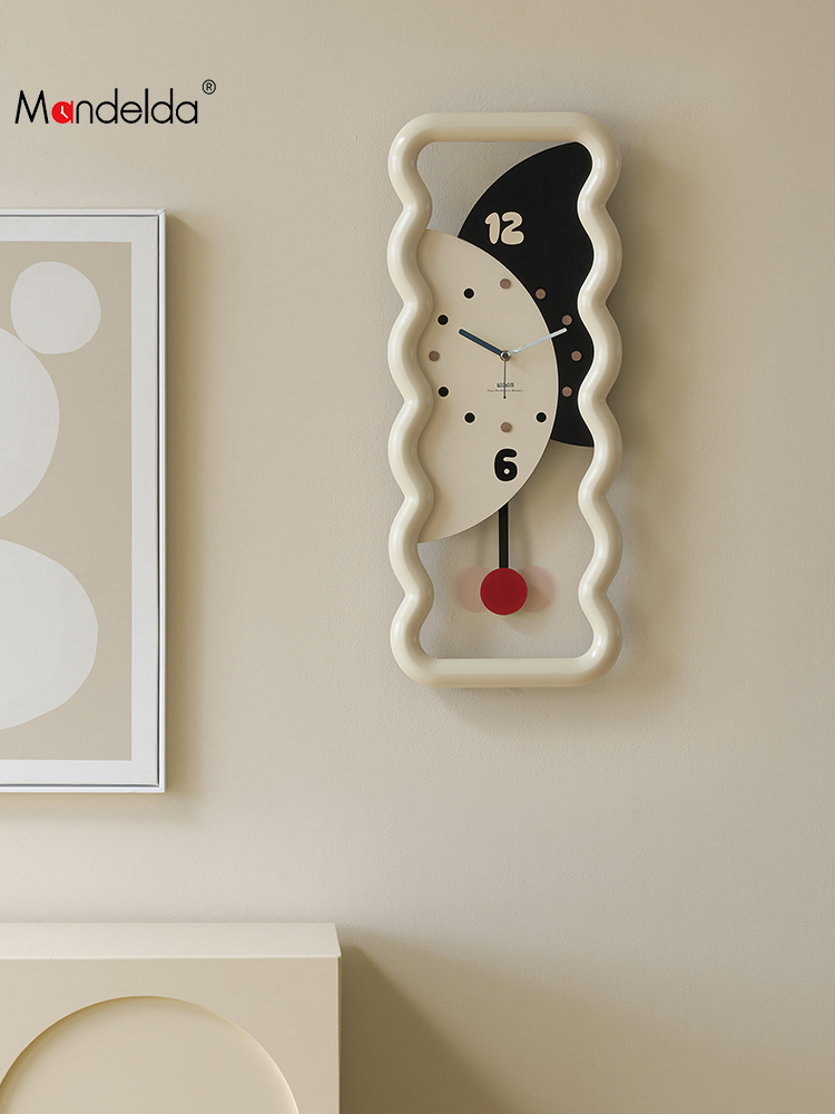 mandelda奶油風藝術掛鐘現代簡約鐘錶時尚大氣創意時鐘客廳掛鐘