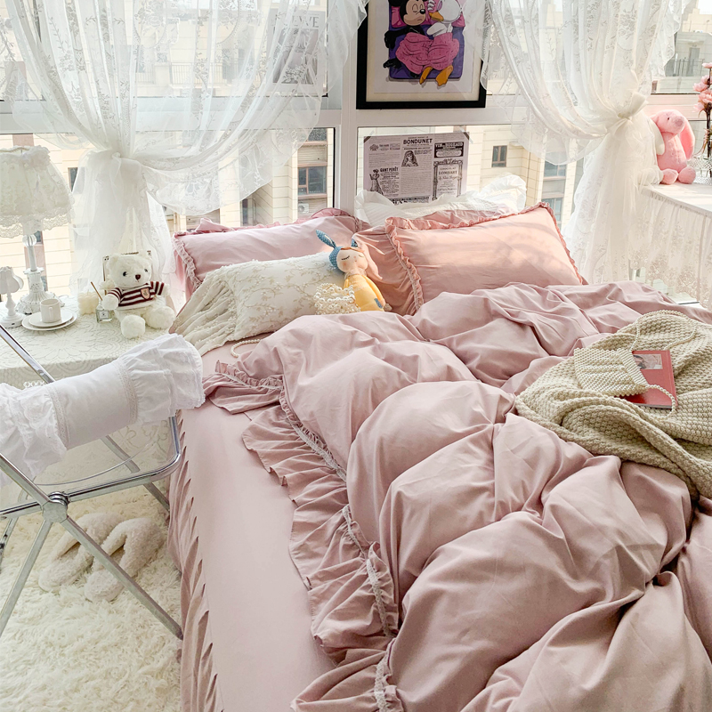 韓式風少女心水洗棉四件套床裙公主風浪漫房間裝飾