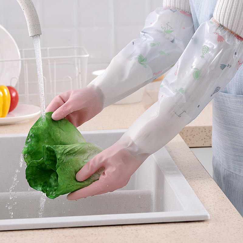 加長防水耐用家務手套 蓮花邊象牙白 PVC材質 廚房清潔好幫手