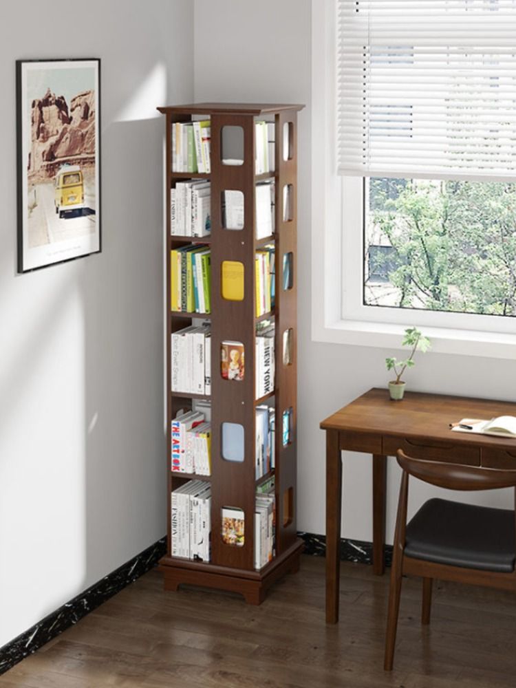 鏇轉書架360度書櫃簡易學生置物架落地兒童收納客厛臥室組裝原木