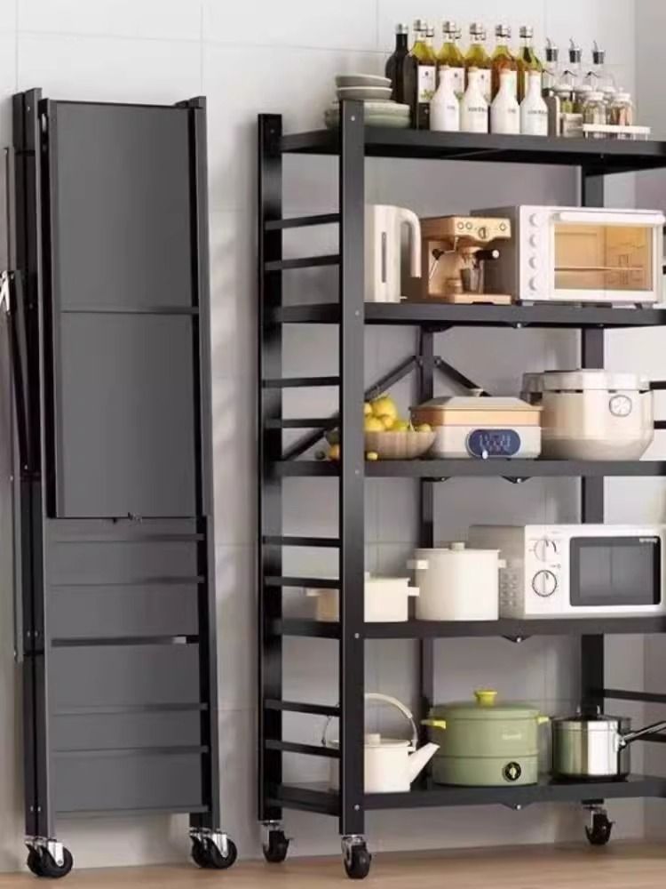 簡約現代免安裝廚房摺疊置物架多層家用落地儲物架書架微波爐收納架子移動