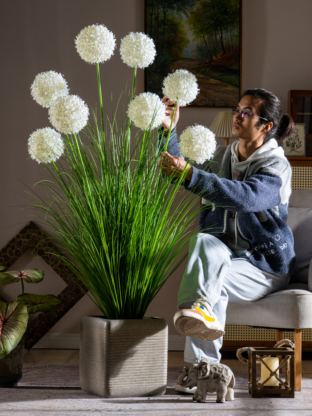 仿真繡球蘆葦草綠植造景塑料仿生假花藝植物擺件室內客廳裝飾擺設