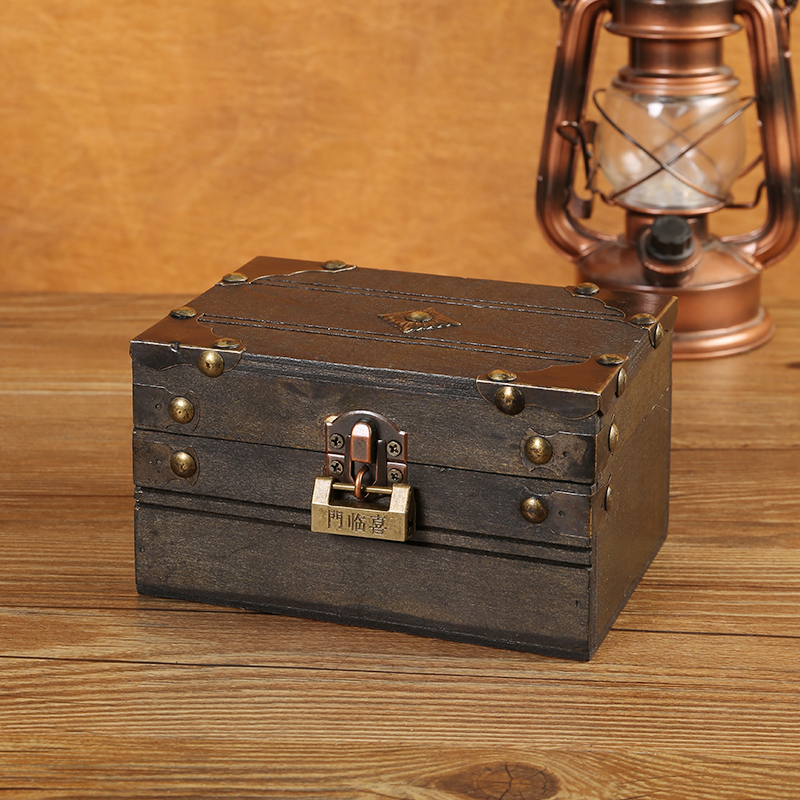 複古木質項鏈飾品收納盒高档精致桌麪牀頭帶鎖儲物盒小木盒百寶箱