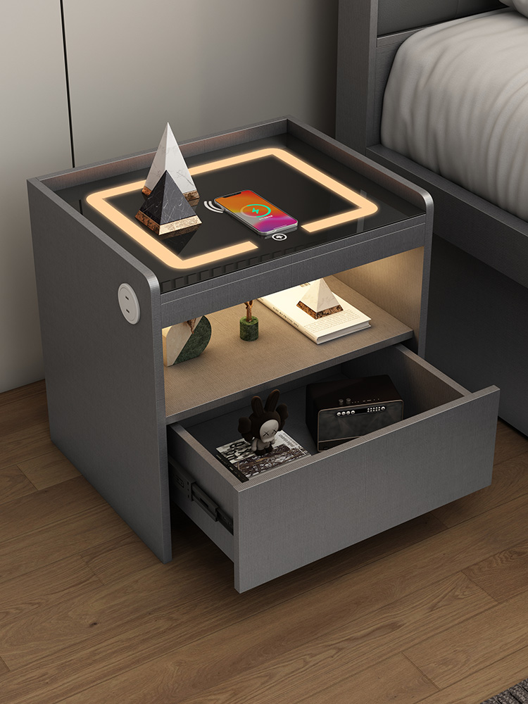 網紅智能牀頭櫃簡約現代充電多功能臥室輕奢高級感單抽牀邊儲物櫃
