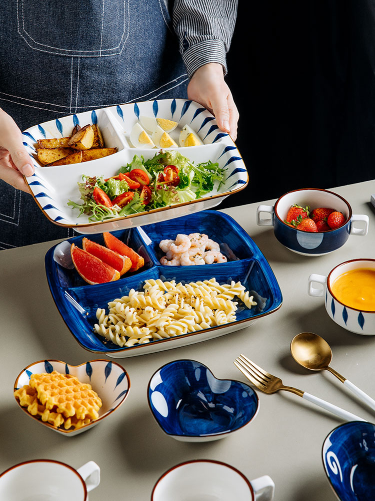 日式風格陶瓷分格餐具 長方形盤家用分隔快餐早餐減脂分餐盤