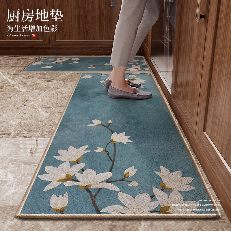 新中式吸水吸油耐髒地墊 復古防滑廚房家用長條踩腳墊