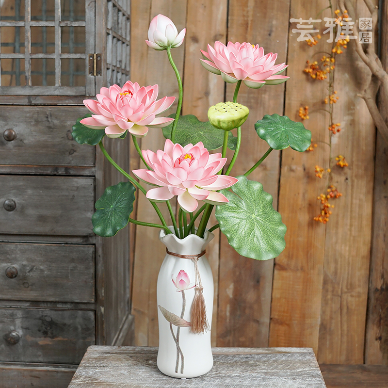 荷花荷葉假蓮花佛堂供佛絹花客廳桌面擺放中式禪意塑料花藝