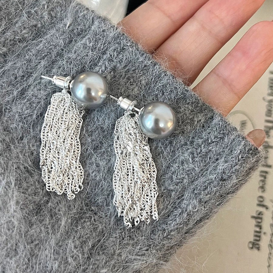 日韓風格小眾灰色珍珠流蘇耳環925銀針耳飾