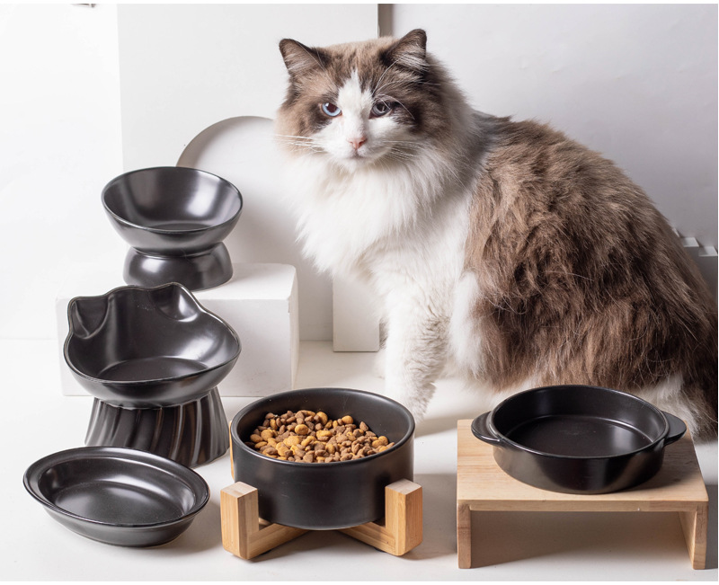 腐敗貓黑色貓碗陶瓷喝水碗雙碗陶瓷食盆貓咪碗木架碗防打繙寵物碗