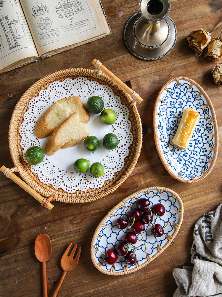 日式藤編點心盤下午茶料理餐具手繪瓷質精緻擺盤復古風格適合成年人使用 (1.6折)