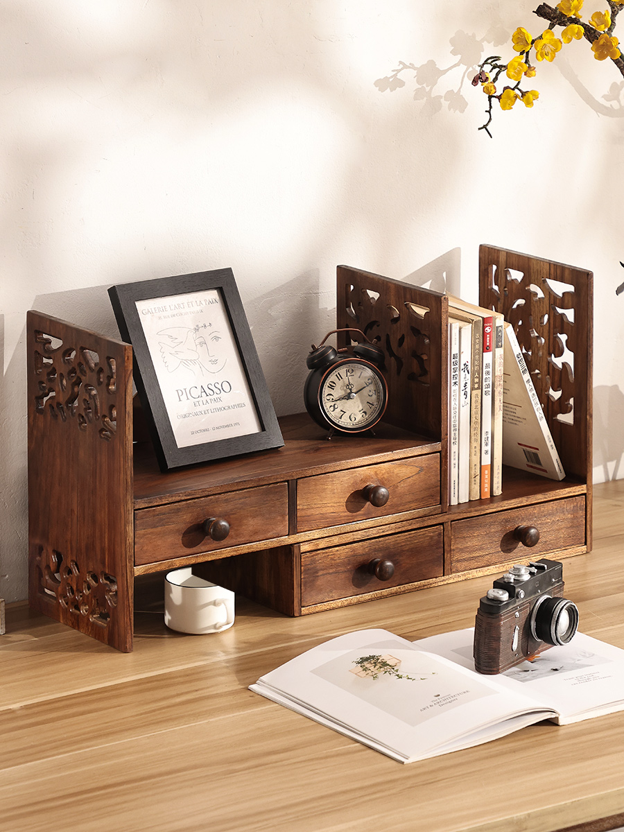復古實木桌面置物架 書桌桌上書架 飄窗收納櫃 簡易小書櫃