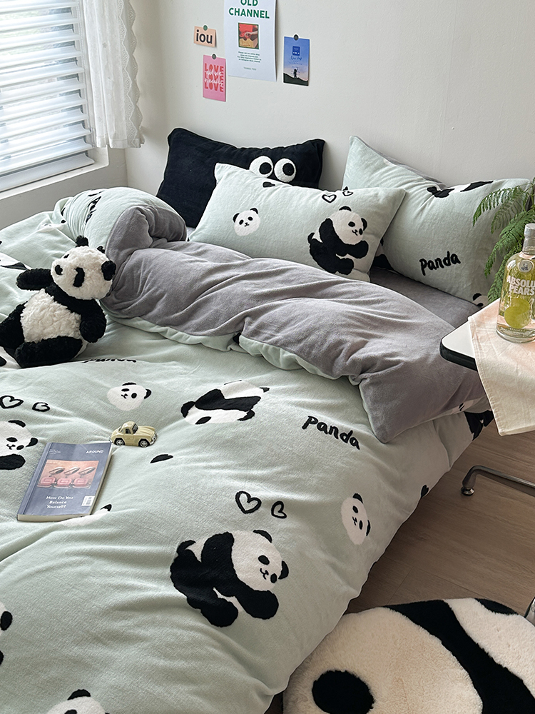 趣味熊貓簡約卡通風格牛奶絨四件套 秋冬加厚保暖雙面絨床單床笠