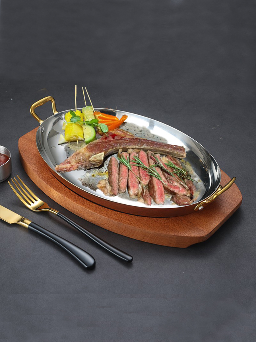 不鏽鋼西餐餐盤西班牙海鮮龍蝦盤商用雙耳橢圓戰斧牛排盤法式餐具