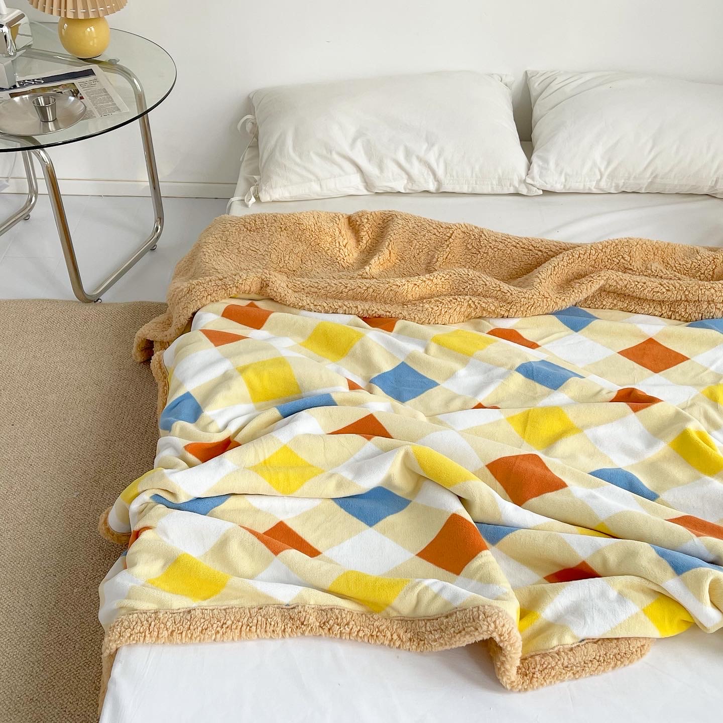 韓式風格奶油絨百搭沙發毯 格子加厚雙層羊羔絨毛絨毯